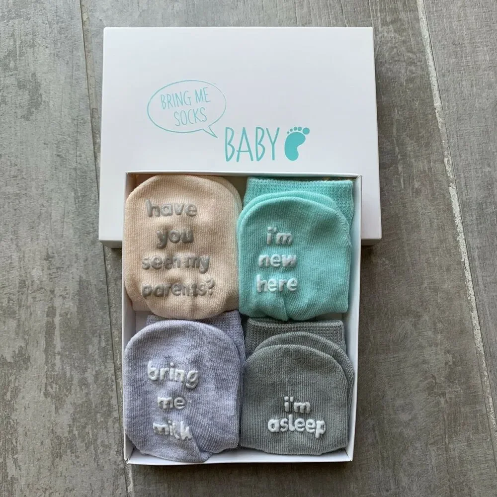 Baby Socks Gift Box Set 4 PAIR Unique Baby Shower Newborn Present Cute Quotes